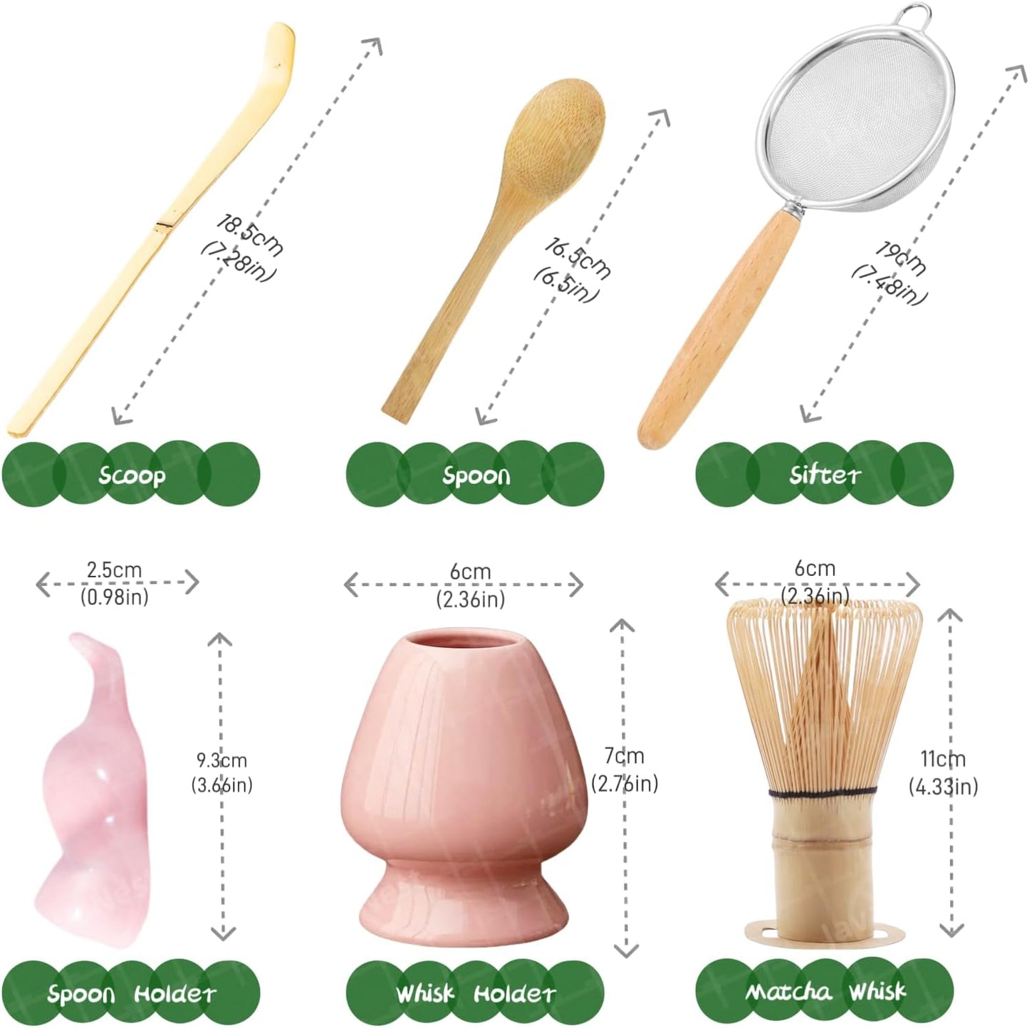 Matcha Whisk Set, 6-Piece Matcha Making Kit, Macha Tea Set, (Chasen Holder), Ceramic Whisk Holder, Matcha Starter Sifter, Bamboo Scoop, Spoon Japanese Tea Tools For Ceremony Gift (Pink)