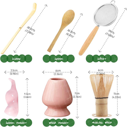 Matcha Whisk Set, 6-Piece Matcha Making Kit, Macha Tea Set, (Chasen Holder), Ceramic Whisk Holder, Matcha Starter Sifter, Bamboo Scoop, Spoon Japanese Tea Tools For Ceremony Gift (Pink)
