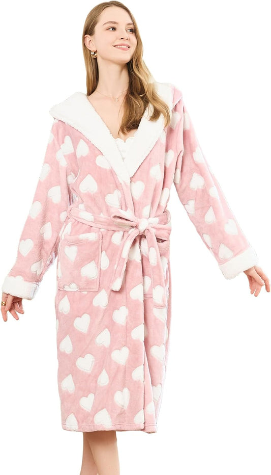 HEARTNICE Womens Flannel Hooded Robes, Soft Warm Long Printed Fluffy Women Bathrobe with Pockets for Shower House Loungewear