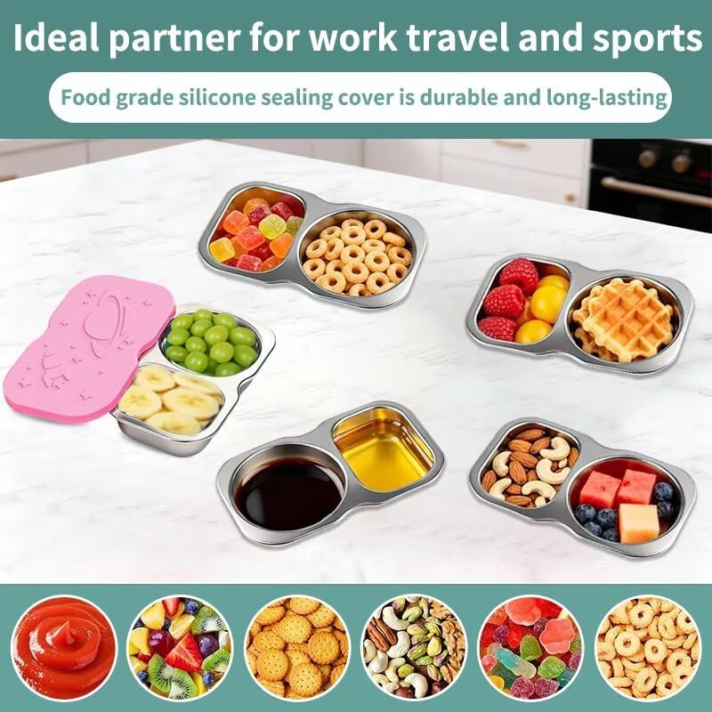 Leakproof 2-Compartment Stainless Steel Snack Box with Food-Grade Silicone Lid, Divided for Sauces & Meal Prep