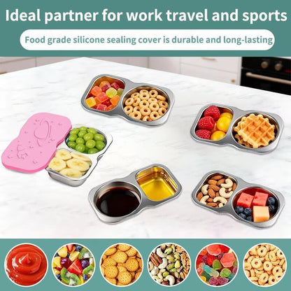 Leakproof 2-Compartment Stainless Steel Snack Box with Food-Grade Silicone Lid, Divided for Sauces & Meal Prep