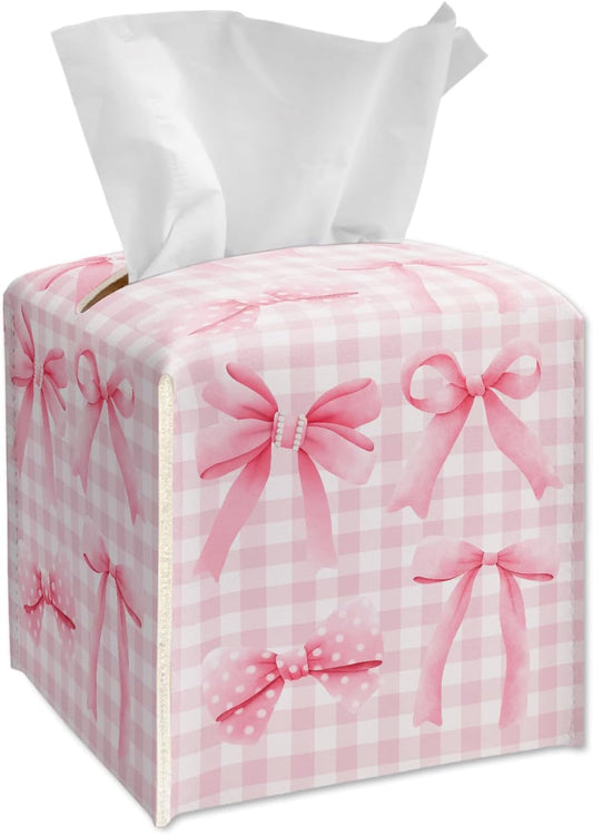 Pink Bows Tissue Box Cover Square, Leather Tissue Box Holder with Bottom Belt, Bows Home Decoration for Bathroom Vanity Countertop, Nightstands, Dining Table, Office, Car -32