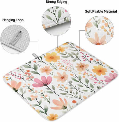 Watercolor Floral Dish Drying Mat for Kitchen Counter Light Pink Wildflowers Leaves Botanical Absorbent Microfiber Quick Dry Pad Non Slip Drainer Mats 18x24 Inch, 2 Pack