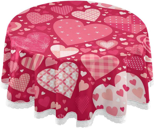 Valentine's Day Round Tablecloth 60 Inches Pink Red Hearts Lace Table Cloth Water Resistant Spillproof Wrinkle Free Love Hearts Valentines Table Cover