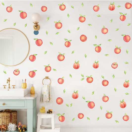 OLMIXA Watercolor Peach Wall Decals - Sweet Fruit with Leaves Wall Stickers - Vinyl Summer Pink Peaches Wall Decals for Playroom Kids Room Kitchen Bathroom Decor