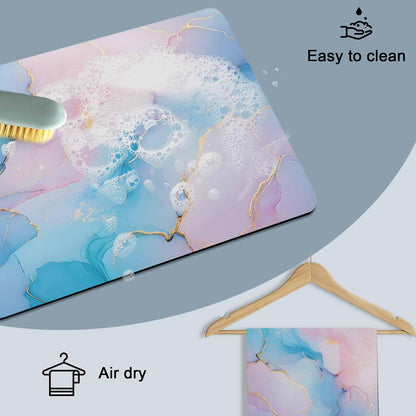 Light Pink Blue Marble Dish Drying Mat for Kitchen Counter, Modern Art Abstract Gold Texture Ombre Super Absorbent Draining Mat Rubber Backing Dish Rack Pad for Dishes, Coffee Bar, Sinks, 12"x16"