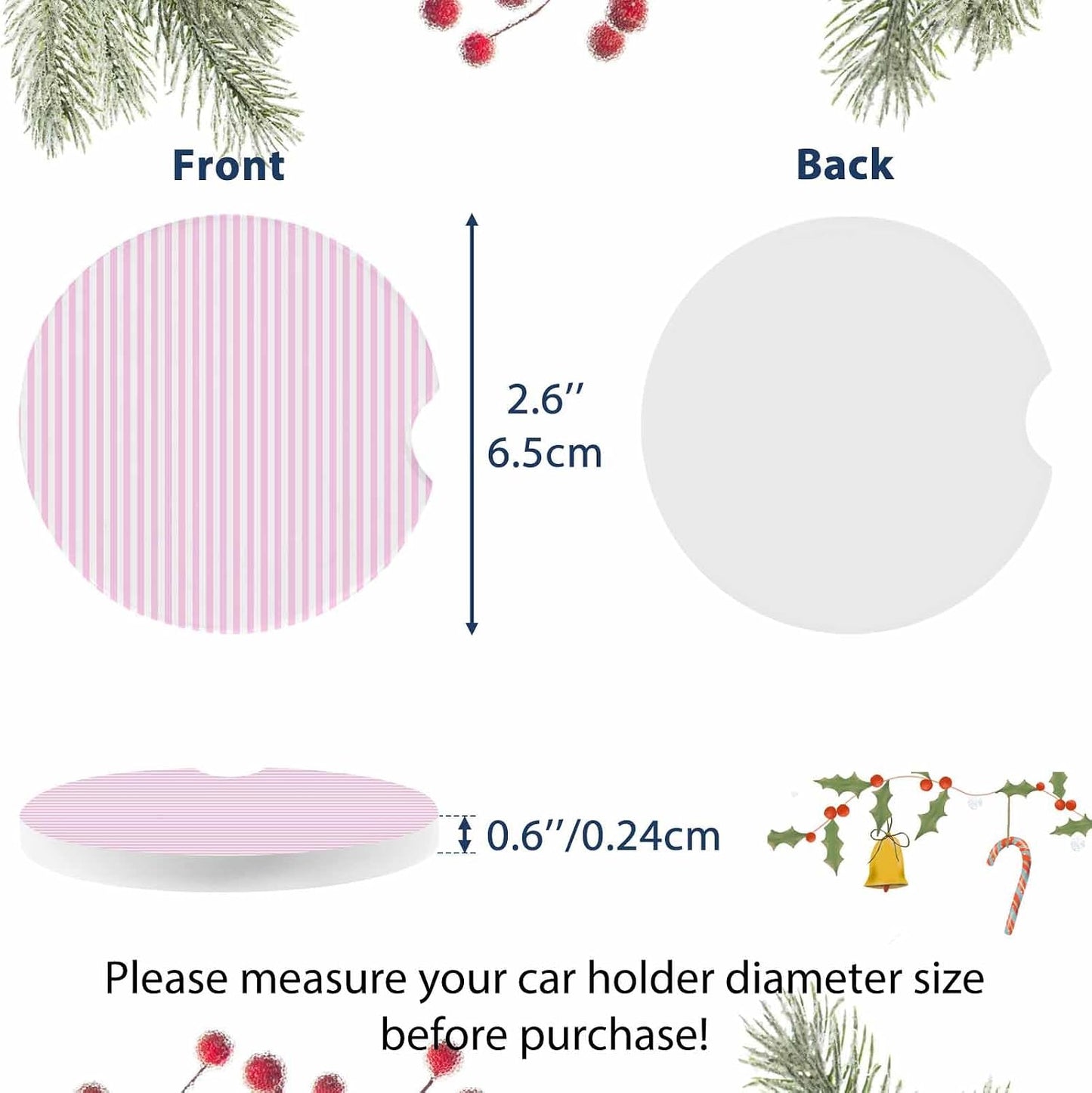 Simple White Striped Car Coaster, Pink Stripes Modern Style Absorbent Ceramic Coasters for Car, 2 Pcs Coasters for Auto Cupholder Accessories Keep Vehicle Clean 2.56inch