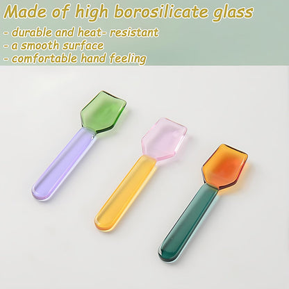 3 Pcs Glass Mixing Spoon 3.6 Inches Glass Teaspoons for Salt Sugar Tea Coffee Cocktail Cold Ice Cream Spoon Drink Party (Pink &Brown &Light Green Handle)