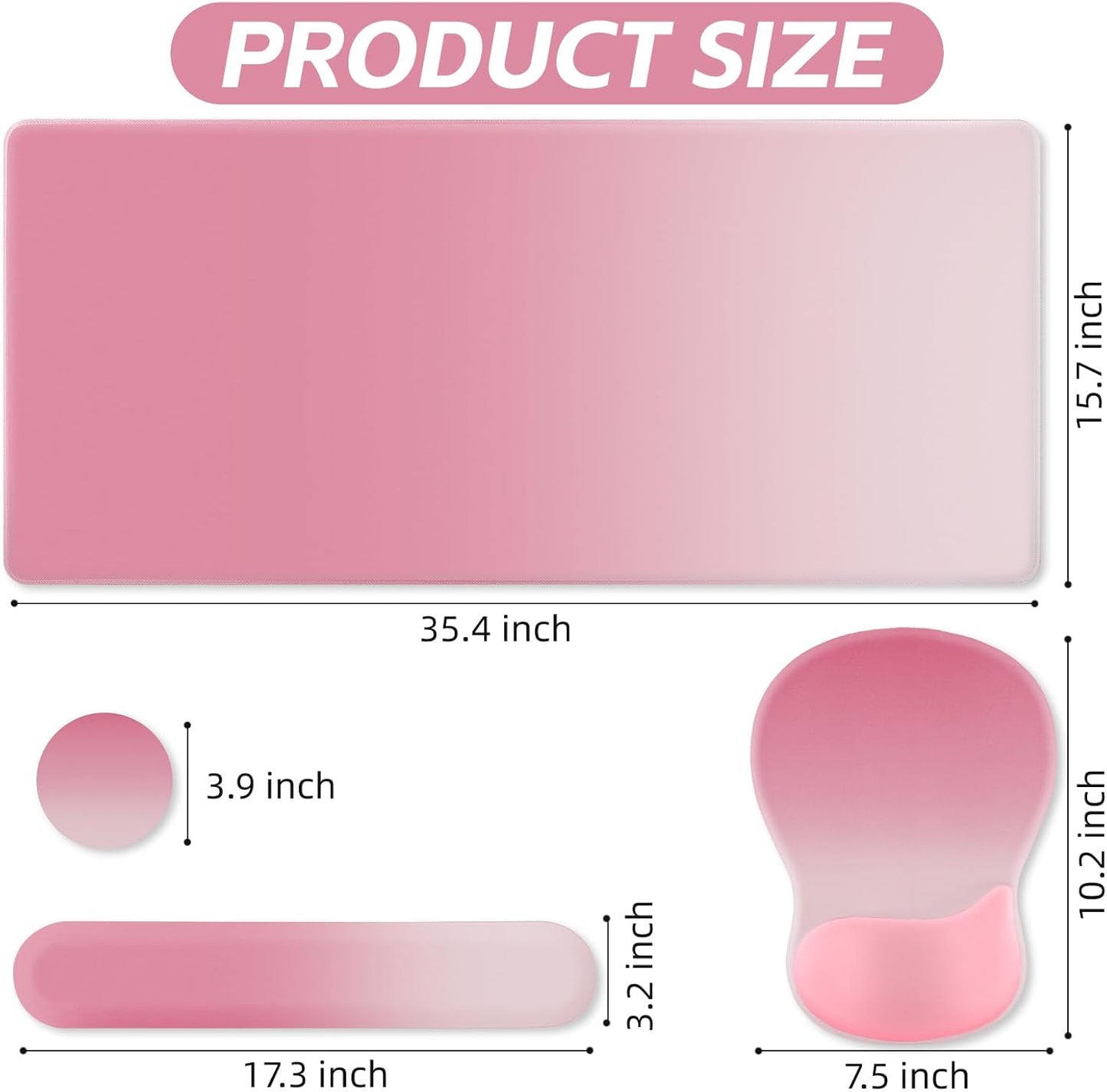 Boutilon Mouse Pad Set,Desk Writing Pad with Wrist Rest, Ergonomic Wrist Support Mouse Pad, Keyboard Wrist Rest, Cup Coaster for Gaming Working Home Office (Rose Pink)