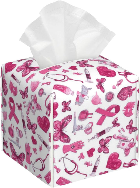 Gentle Hopeful Pink Ribbon Print Tissue Box Cover Holder Square, Foldable Modern Cube Tissue Box Cover, Leather Decorative Organizer for Tabletop Bathroom Car Office Desk Decor