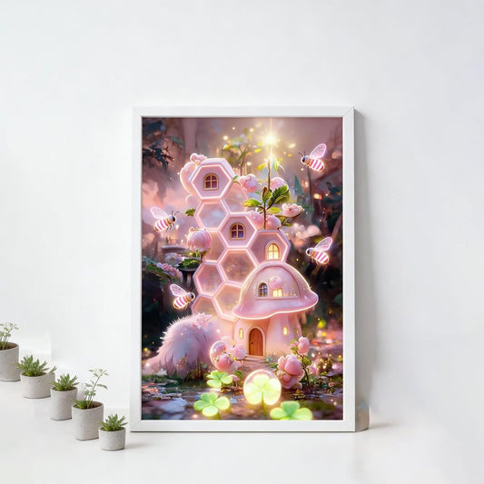 BoAn Full Drill Diamond Painting Kit, 12x16 Inch Pink Enchanted Hexagon Honeycomb House & Mushroom Cottage Theme, DIY Fantasy Craft for Adults Teens, Whimsical Fairy-Tale Wall Decor