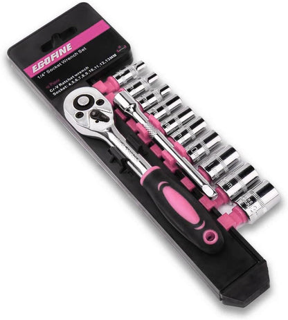 Egofine 12pcs 1/4 Inch Mini Ratchet Socket Wrench Set, Drive Socket Set with 10 Sockets (4-13mm) and 2 Way Quick Released Ratchet Handle and Extension Bar, Pink