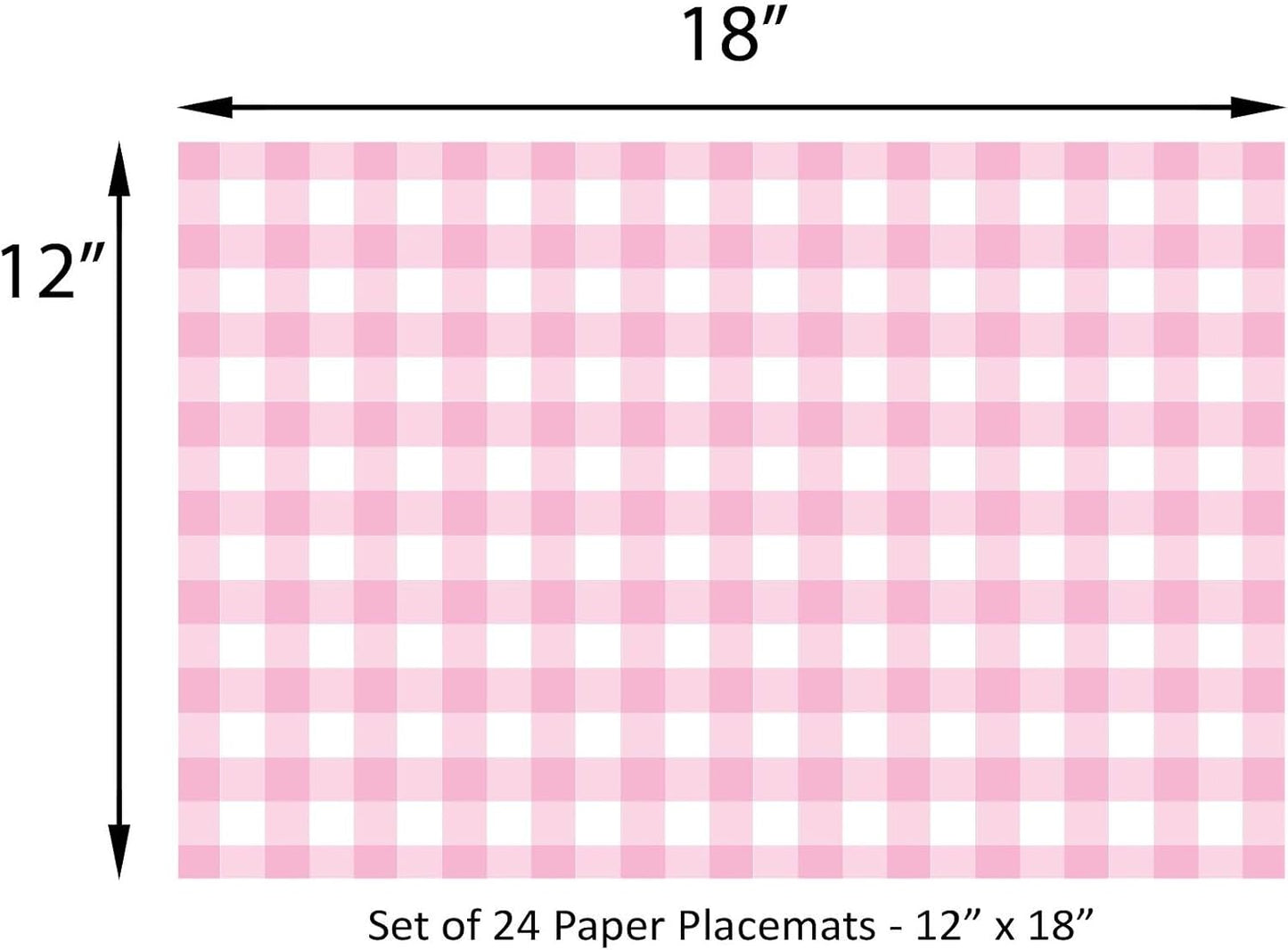 Baby Pink Gingham Paper Placemats - Set of 24 Disposable Placemats 12" x 18" - Perfect for Weddings, Parties, Backyard BBQ's, Bridal/Baby Shower - Printed on Quality Thick Paper - Made in the USA