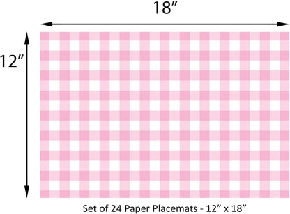 Baby Pink Gingham Paper Placemats - Set of 24 Disposable Placemats 12" x 18" - Perfect for Weddings, Parties, Backyard BBQ's, Bridal/Baby Shower - Printed on Quality Thick Paper - Made in the USA