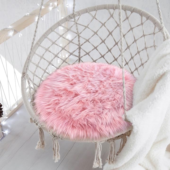 15.7 Inches Mini Pink Round Faux Fur Sheepskin Area Rug, Fluffy Small Circle Rugs Cushion for Chair, Furry Carpet for Nail Desk, Shaggy Circular Rug Plush Rug