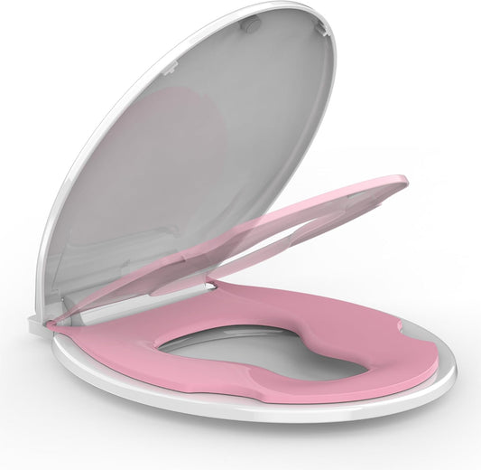 Round Toilet Seat with Built In Potty Training Seat, White Pink Family Toilet Seat, Soft Close Plastic Toilet Cover for Adults and Toddlers, Easy Clean Standard Bathroom Seat