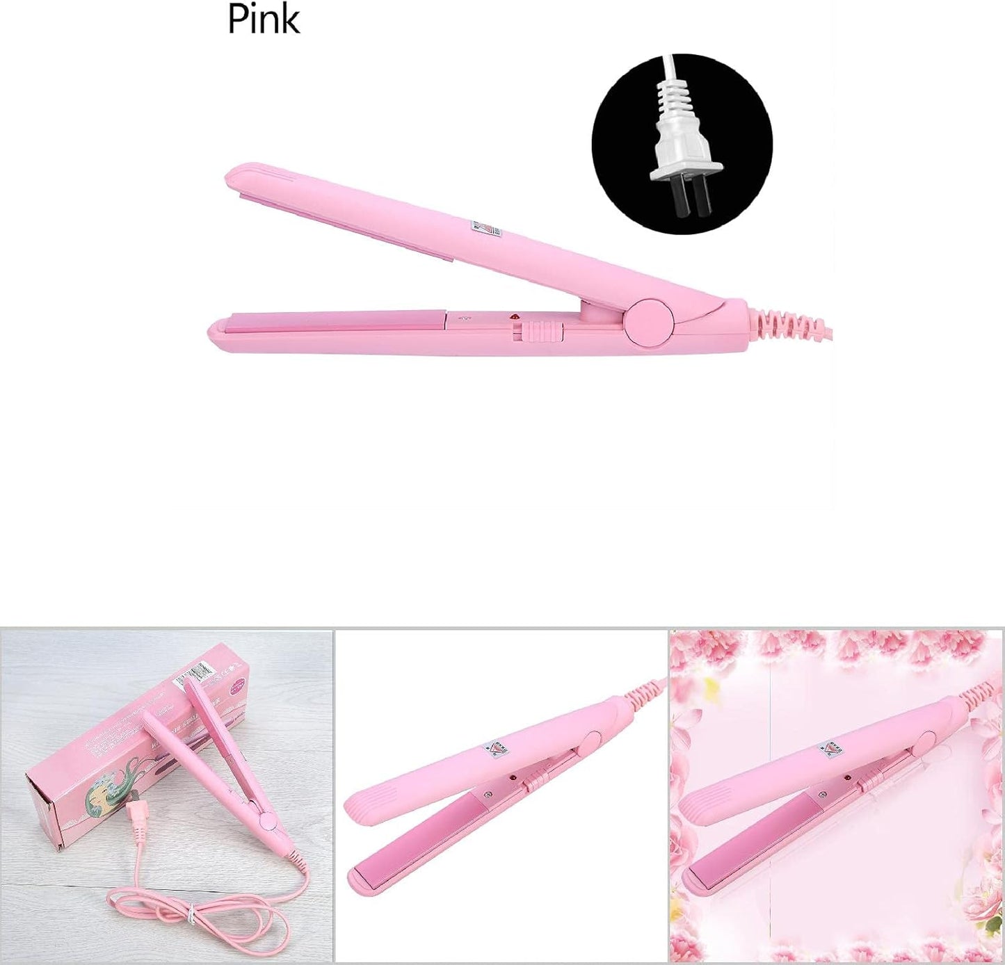 Hair Straightener, 25W PTC Two in One Tourmaline Ceramic Pink Straightener Mini Flat Iron with Red LED Lamp for Straightener and Curling(Pink, Us Plug)