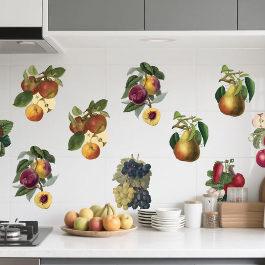 SUPERDANT 2 Sheets Vintage Fruits Wall Stickers Grape Peach Pears Wall Decals Kitchen Retro Country Art Decor Peel and Stick Vinyl Murals for Refrigerators Cabinet Dining Room Livingroom Nursery