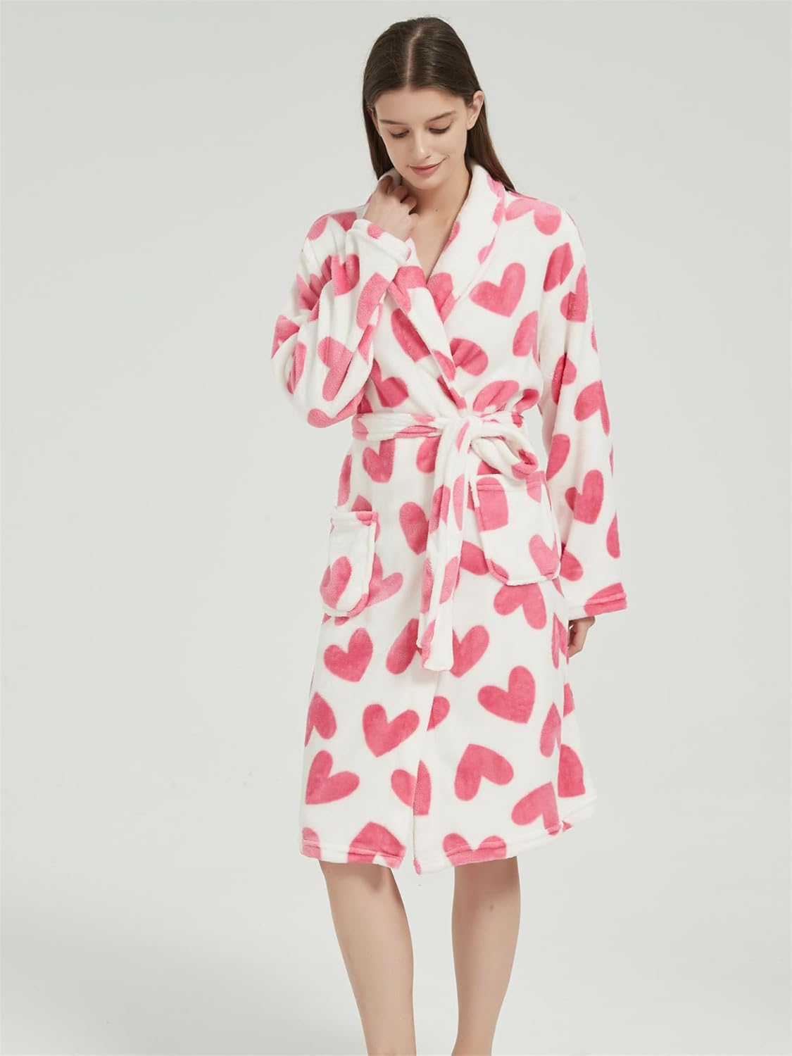 Women's Pink Heart Printed Wrapped Belted Flannel Lounge Robe, Casual Pocket Shawl Collar Thermal Robe