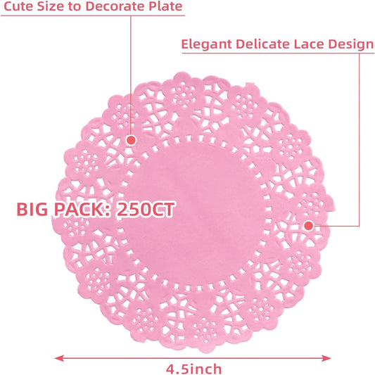200PK 4.5" Pink Doilies Round Decorative Paper Lace Placemats, Disposable Paper Doily for Wedding Invitation Party for Tableware Plate Decoration, Gift Packing
