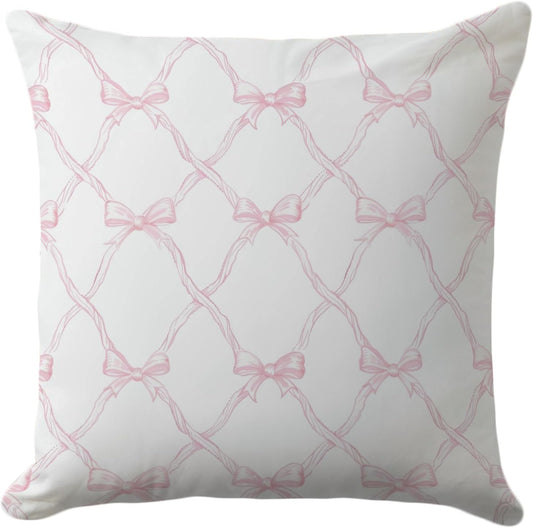 Bow Pillow Cover 18x18 – Pink Vintage Ribbon Throw Pillow Case with Lattice Pattern – Pastel Coquette Cushion for Bedroom, Sofa or Feminine Room Decor