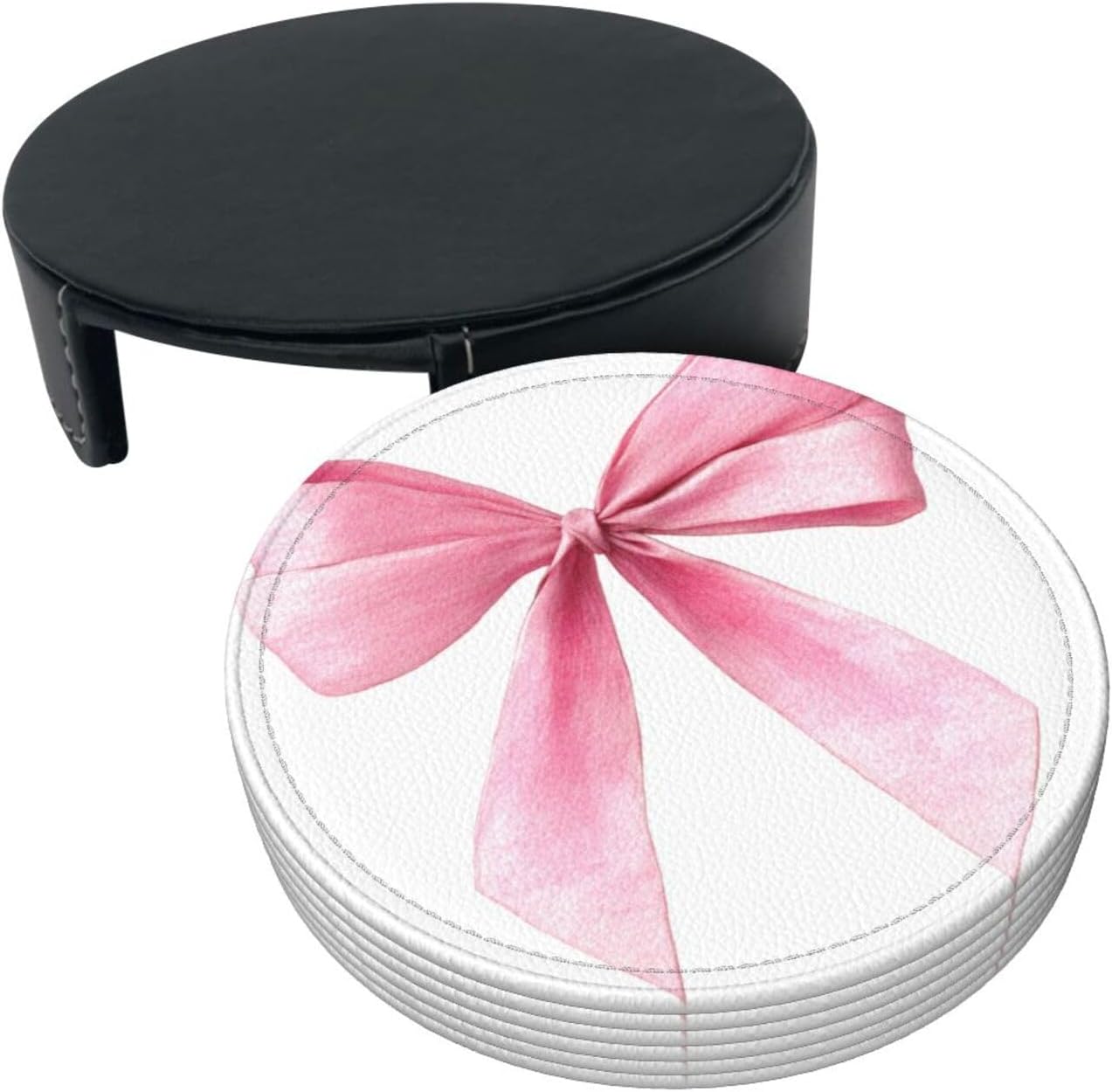 Watercolor Light Pink Coquette Bow Premium Leather Coasters, Set of 6 with Holder, Stylish Beverage Coasters for Kitchen Coffee Bar