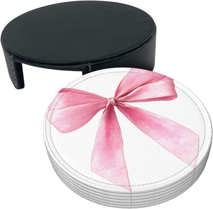 Watercolor Light Pink Coquette Bow Premium Leather Coasters, Set of 6 with Holder, Stylish Beverage Coasters for Kitchen Coffee Bar