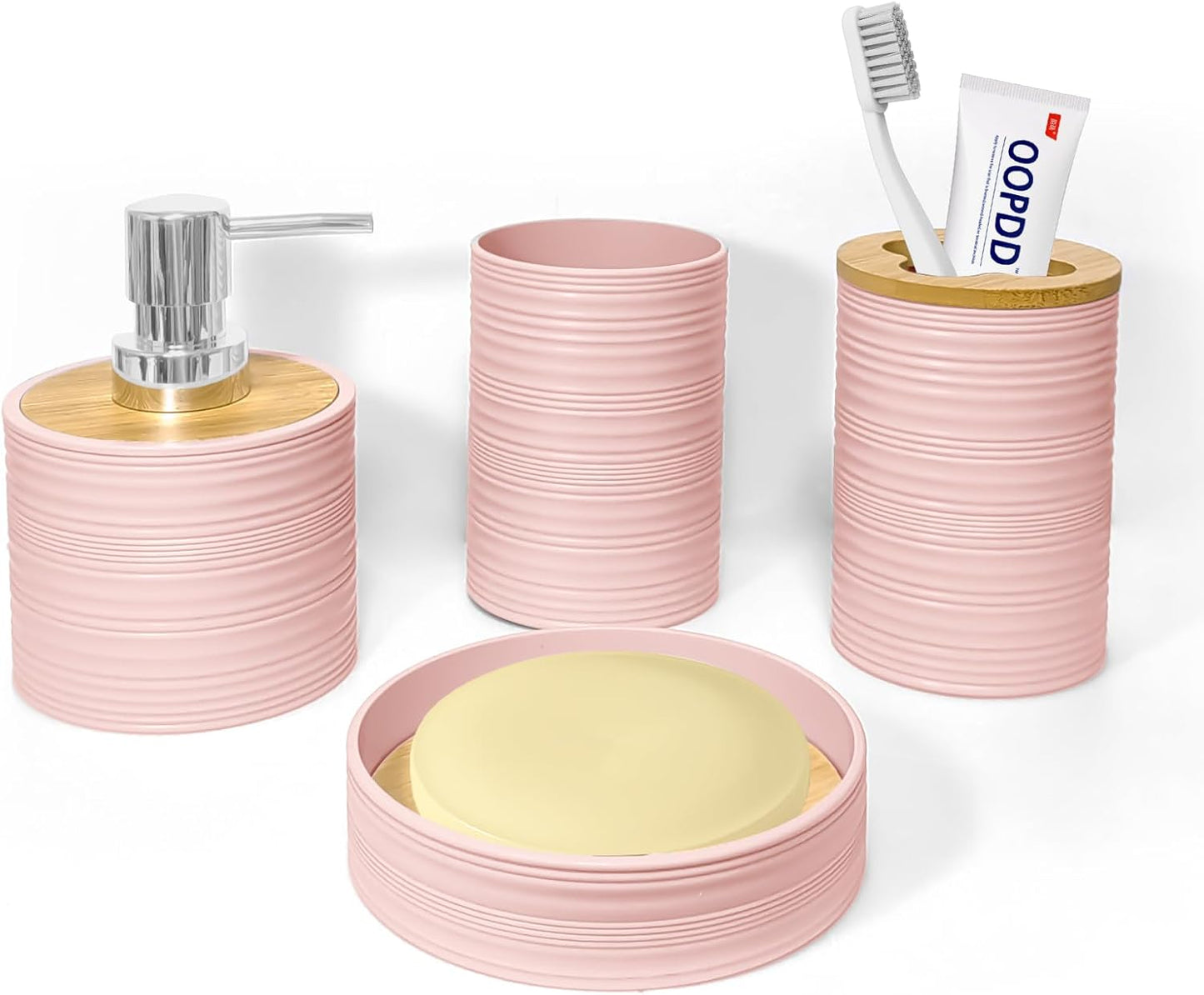 Bathroom Accessories Set 4 PCS, Bamboo Bathroom Accessory Set Includes Soap Dish, Soap Dispenser, Toothbrush Holder, Toothbrush Cup, Bathroom Sets Accessories, Boho Bathroom Decor(Light Pink)