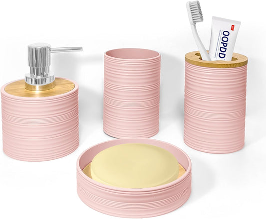 Bathroom Accessories Set 4 PCS, Bamboo Bathroom Accessory Set Includes Soap Dish, Soap Dispenser, Toothbrush Holder, Toothbrush Cup, Bathroom Sets Accessories, Boho Bathroom Decor(Light Pink)