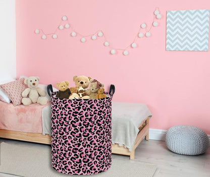 ESSME Laundry Basket,Pink Hamper Collapsible Canvas Waterproof Storage Bin for Girls, Leopard Print Hamper,Gift Baskets(Pink leopard print)