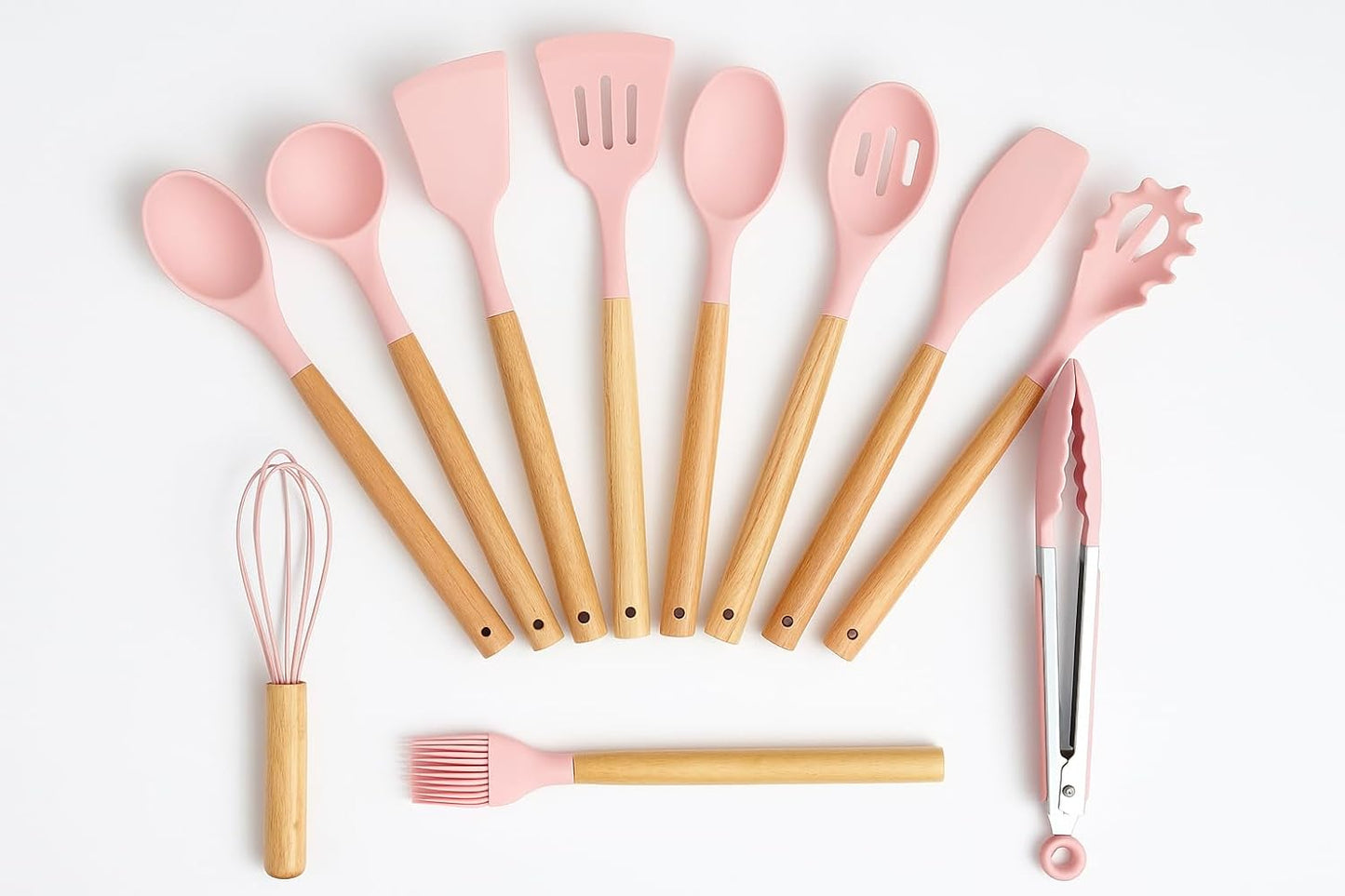 12-Piece Silicone Kitchen Utensil Set: Heat resistant up to 446°F. Includes Turner, Tongs, Spatula, Spoon, Brush, Whisk, Wooden Handles, Holder for Nonstick Cookware. (Pink), Medium