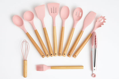 12-Piece Silicone Kitchen Utensil Set: Heat resistant up to 446°F. Includes Turner, Tongs, Spatula, Spoon, Brush, Whisk, Wooden Handles, Holder for Nonstick Cookware. (Pink), Medium