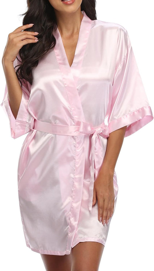 Women's Short Robe Silky Satin Pure Color Bathrobe Bridesmaid Bride Party Kimono V-Neck Sleepwear with Pockets