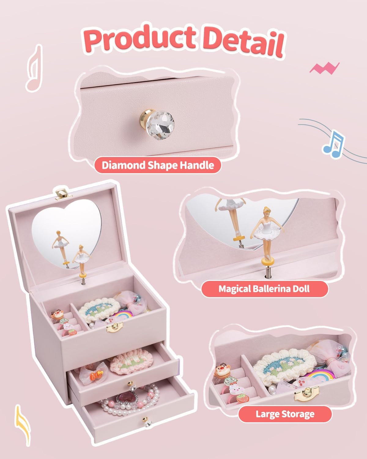 VLANDO Musical Jewelry Box for Girls - Birthday Day Gifts for Daughter Kids - Dance Girls for Ages 4 5 6 7 8-12 Year Old - Kid Music Box with Ballerina for Bedroom Decor - Light Pink