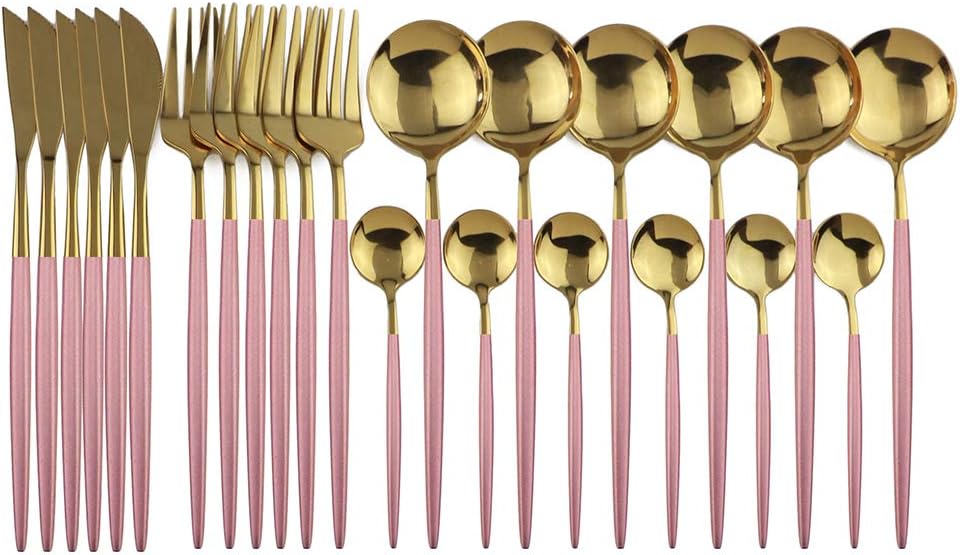 24-Piece Flatware Set, 18/0 Stainless Steel Knife Fork Spoon Teaspoon Silverware Set, Service for 6, Pink Handle Gold