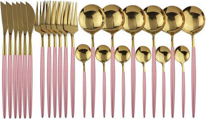 24-Piece Flatware Set, 18/0 Stainless Steel Knife Fork Spoon Teaspoon Silverware Set, Service for 6, Pink Handle Gold