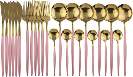 24-Piece Flatware Set, 18/0 Stainless Steel Knife Fork Spoon Teaspoon Silverware Set, Service for 6, Pink Handle Gold