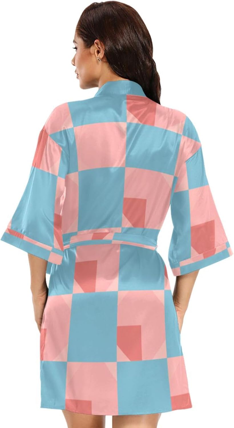 Light Blue and Blush Checkered Pattern Womans Bathrobes Comfy Bath Robes Female for Bathroom