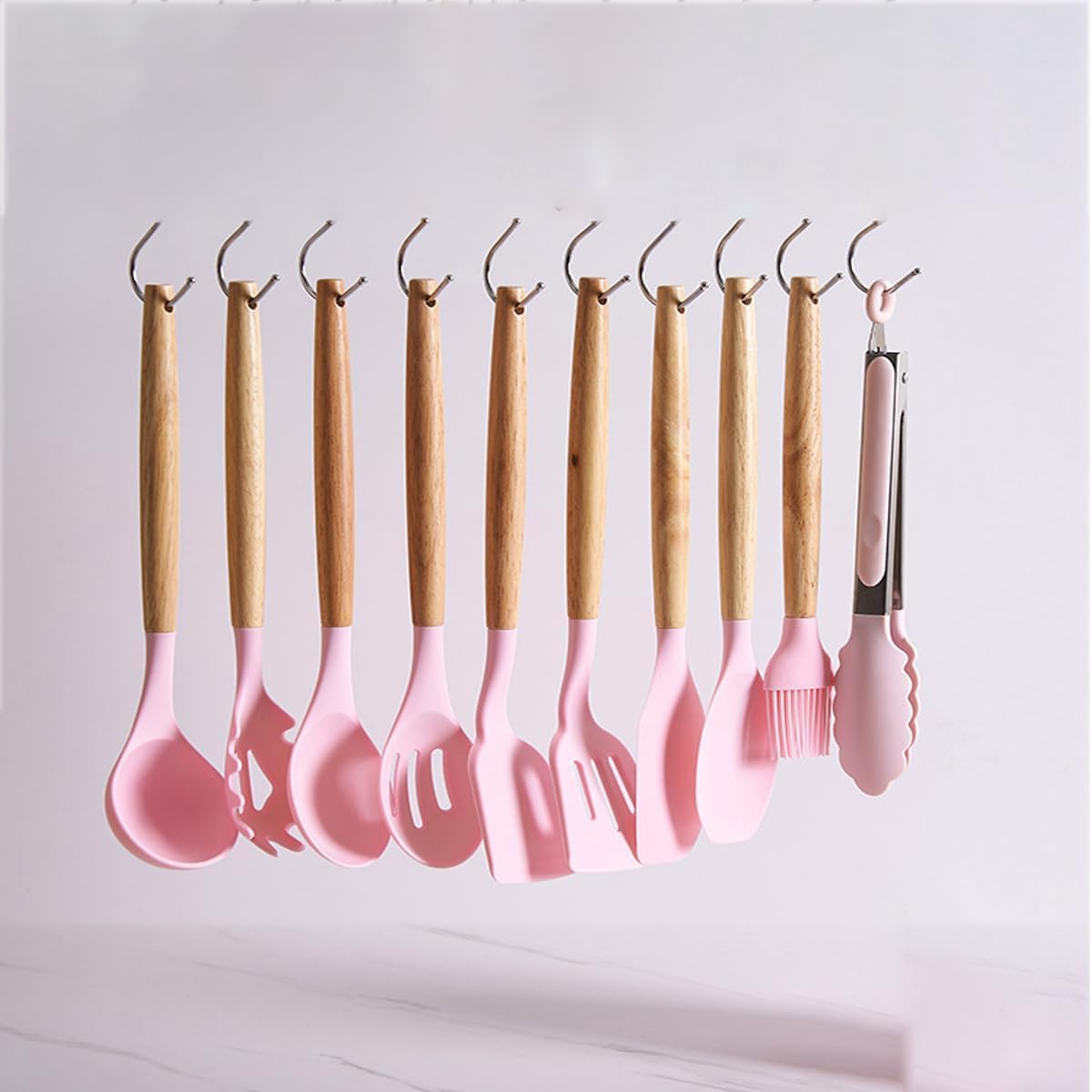 19-Piece Kitchen Utensil & Knife Block Set: 12 Non-Stick, Heat-Resistant Silicone Cooking Utensils (Spatula, Tongs, Ladle, Scissors) + 5 Sharp Kitchen Knives & Cutting Board (Pink)