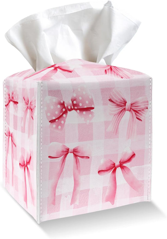 Tissue Box Cover Holder - Pink Bows Checkerboard PU Leather Tissue Box Cover with Bottom Belt, Square Facial Paper Organizer for Tabletop, Bathroom, Kitchen, Car & Office -046