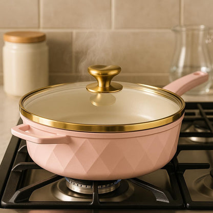 SKYREN 4 Quart Cast Aluminum Jumbo Cooker with Lid – Pink Lightweight Kitchen Pan for Everyday Preparations, Even Heating Base for Stews, Sauces and Cooking Projects