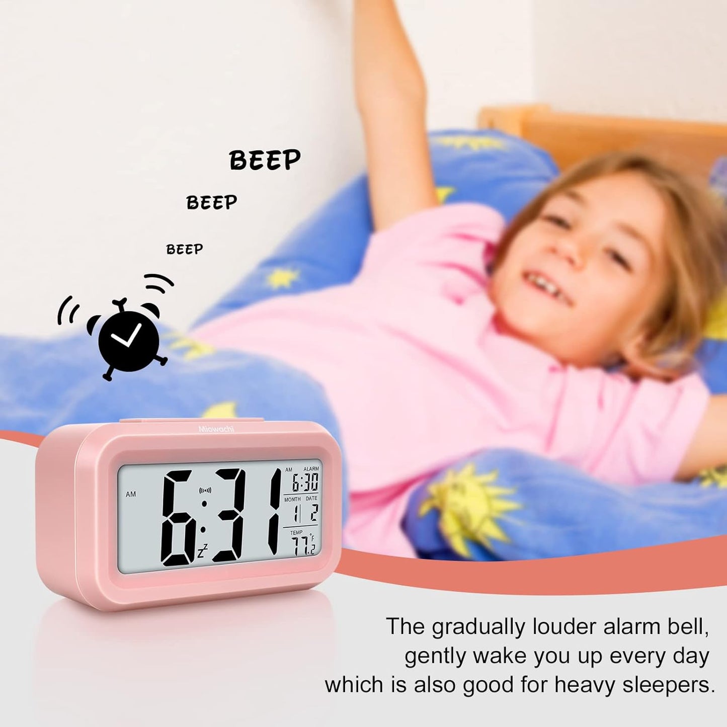 Miowachi Pink Digital Alarm Clock for Bedrooms Battery Operated,Snooze,Night Light Easy Setup Small Clock for Kids Kitchen Bathroom Office