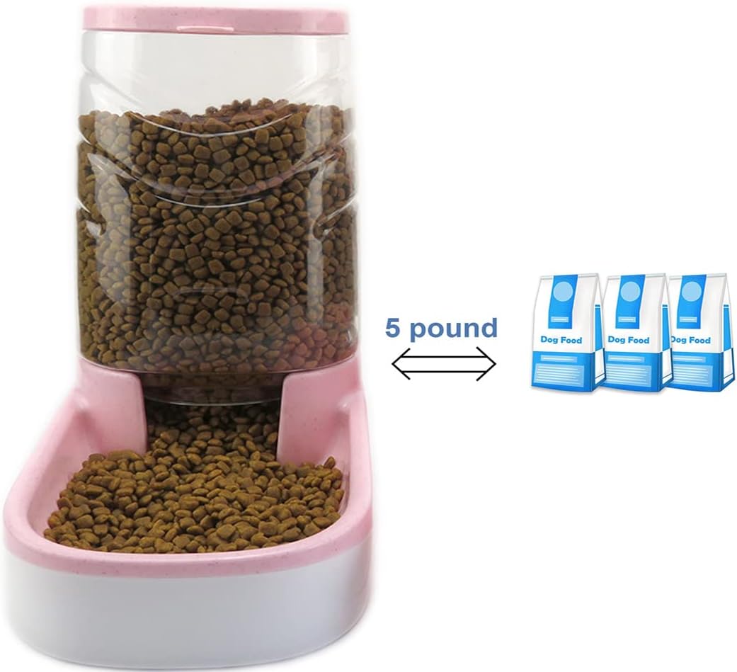 Automatic Cat Feeder Gravity Dog Feeder 1 Gallon Pet Feeder, Self-Dispensing Pet Feeder Bowl for Small and Medium Sized Pets Large Capacity (Pink)