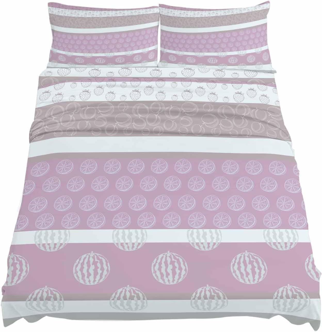 4 Piece Full Sheet Set Farm Fruits Sheets Set for Full Size Bed, Breathable Soft Microfiber Bed Sheets Cooling Watermelon Lemons Peach Pink Grey Striped Fitted Sheet Deep Pocket, Pillowcases