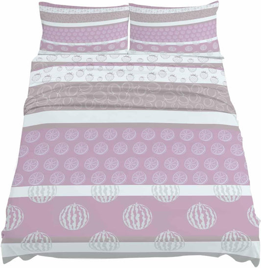 Farm Fruits Queen Size Bed Sheets,Breathable Cooling Sheets with Deep Pocket,Watermelon Lemons Peach Pink Grey Striped Soft Flat Sheet,Fitted Sheet & Pillowcases,4 Piece Wrinkleproof Bedding+Sheets