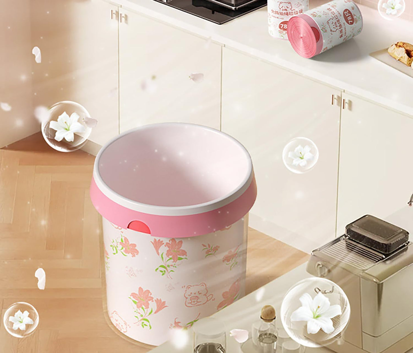 4 Gallon Small Trash Bags 78pcs Tearing-Free Drawstring for Bathroom Office Home Bedroom Trash Can with Pink Lily Printed Garbage Basket Bags