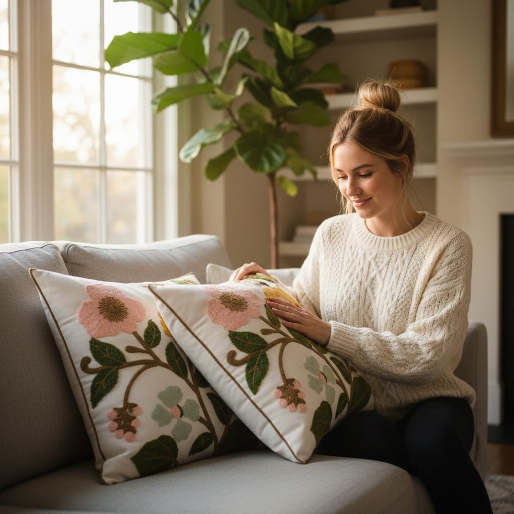 Floral Throw Pillow Covers 18x18 Pack of 2 Pink and Yellow Flower Embroidered Pillow Cover with Green Leaves Farmhouse Pillow Cushion Case Decorative Farm Pillowcases for Summer Fall Autumn