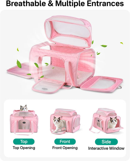 Cat Carrier Airline Approved 17x11x9.5 Inches, Top Expandable Soft Sided Pet Travel Carrier for Cats & Small Dogs, Fits Under Airline Seat with Locking Zippers, Pink