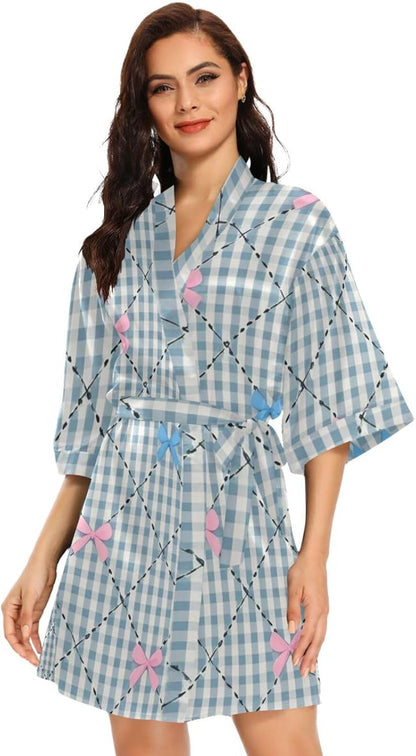 Pink Blue Bow Check Womans Bathrobes Classic Woman's Night Shirts for College Dorm