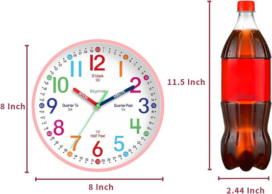 Roymnie Wall Clock 8 Inch for Kids Learning to Tell Time Easily Non Ticking Battery Operated Kids Teaching Clock Silent Colorful Teaching Time Clock Decorative for Kids Room Classroom School (Pink)